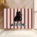 Zerbino resistente a riccioli con simpatico gatto nero e scritta Welcome stilizzata - 40*60cm / Stile Gatto a Strisce-D