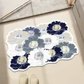 Tappetino da bagno floreale antiscivolo con motivi a peonia blu e grigi per il bagno - 40*60cm / Fango di Diatomee Standard / Modello E - Stile Bagno Floreale Semplice (Irregolare)