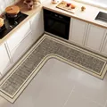 L-shaped non-slip kitchen floor mat with brown woven texture and oil-proof surface - Linen Material