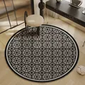 Round Belgian velvet rug with intricate black and white mandala pattern for vanity chair - Diameter 60cm / Black Mandala Tile