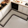 L-shaped kitchen mat with houndstooth border, non-slip absorbent beige corner floor rug - Houndstooth Pattern