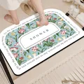 Quick-dry absorbent floral bathroom floor mat with shower text and anti-slip backing - New American Style-B (Large Rounded Corner) / 2.5mm Regular Version / Light Blue / 40*60cm