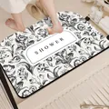 Absorbent fast-drying bathroom floor mat with floral pattern and SHOWER print text - New American Style-C (Large Rounded Corner) / 2.5mm Regular Version / Off White / 40*60cm