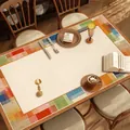Waterproof leather rectangular table mat with colorful patchwork geometric border - 60x120cm / American Morandi Style C
