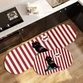 Red and white striped anti-slip kitchen floor mat set featuring a cute black cat design - Oval Cartoon Stripe Style B / 40x60cm