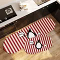 Set of 2 anti-slip red and white striped kitchen mats with cute penguin and Hello text - Oval Red-White Diagonal Stripe Penguin Style (D) / 40x60cm