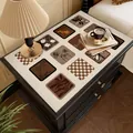 French mid-century style waterproof leather bedside table mat with brown pattern - Vintage Patchwork Style-J