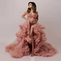 Elegant dusty pink ruffled tulle maternity gown for photoshoot with voluminous long train - S / Top And Bottom / Pink