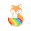Cute cartoon fox enamel brooch pin with vibrant rainbow tail and gold-toned finish - Rainbow Tail Fox Brooch (JEWB-J005-13C-KCG)