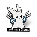 Cute cartoon white rabbit enamel pin holding scissors with I RUN WITH SCISSORS text on base - Rabbit with Scissors Brooch (JEWB-C018-01B-EB)