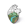 Creative heart-shaped enamel pin with a colorful nature landscape illustration inside - Heart Landscape Brooch (JEWB-A005-09-02)