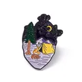 Artistic heart-shaped camping theme enamel pin featuring tent campfire and pine tree details - Heart Camping Night Sky Brooch (JEWB-A005-09-05)
