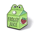Kawaii green frog milk carton enamel pin with strawberry detail for denim jackets - Froggy Juice Milk Box Brooch (JEWB-A005-20-02)