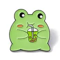 Adorable green cartoon frog enamel pin drinking boba milk tea variant for clothing - Frog Drinking Boba Tea Brooch (JEWB-A005-20-04)