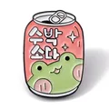 Cute enamel pin shaped like a pink frog soda can with Korean watermelon soda text - Watermelon Soda Frog Brooch (JEWB-A005-20-05)