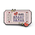 Pink enamel ticket brooch featuring 'Club Heart Break' text and broken heart icons - Ticket Shape Creative Brooch (JEWB-D015-01C)