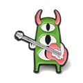 Cute green three-eyed monster enamel pin playing pink guitar for creative lapel decor - Three Eyed Green Monster Guitar Brooch (JEWB-E029-01EB-05)