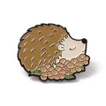 Adorable cartoon hedgehog enamel pin featuring brown flowers and green leaves decoration - Brown Floral Hedgehog Brooch (JEWB-E016-19EB-02)