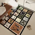 Large absorbent bathroom floor mat with vintage nature collage design in modern bathroom - Mid-Century Puzzle Style E (Horizontal)