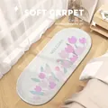 Soft oval bedside rug with elegant purple tulip floral pattern and Welcome text - Lamb Wool Style / 40x60cm / Purple & Pink Tulip (CBHD-3)