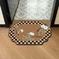 Vintage style bird and flower absorbent leather floor mat with checkerboard border - 35*50cm / Vintage Style B (Irregular Shape)