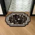 Vintage floral absorbent leather floor mat with black and white checkered border - 35*50cm / Vintage Style D (Irregular Shape)