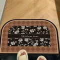 Vintage arched absorbent leather bathroom mat with brown checkers and floral design. - 35*50cm / Vintage Style-C (Large Rounded Corner)