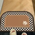Retro checkerboard D-shaped non-slip leather bathroom floor mat with floral pattern - 35*50cm / Vintage Style-F (Large Rounded Corner)