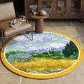 Artistic round oil painting landscape area rug with HOME text for cozy living room decor - Diameter 60cm / Van Gogh Wheat Field Style (YH-A)