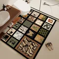 Vintage grid pattern bathroom absorbent anti-slip floor mat in warm earthy tones - Mid-Century Puzzle Style D (Horizontal)