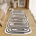 Soft creamy white minimalist fluffy bedroom rug with irregular black spiral pattern - Lamb Wool Style (Geometric C) / 40x60cm
