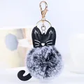 Süßer Schlüsselanhänger mit Katzenkopf aus Kunstleder und grauem Kunstfell-Bommel - Katze - Grau und Weiß
