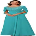 Robe de soirée bleu sarcelle élégante avec appliques en dentelle et manches cape en mousseline - US2 / Hauts / Aqua