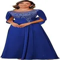 Elegant royal blue evening gown featuring intricate lace appliques and sheer cape sleeves - Sapphire Blue