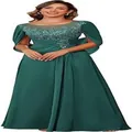 Elegant dark green chiffon evening gown with lace appliques and cape sleeves long. - Malachite green