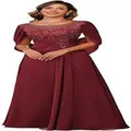 Elegant burgundy chiffon floor-length evening dress with lace applique and cape sleeves. - Burgundy
