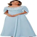 Elegant light blue chiffon evening gown featuring lace applique and stylish cape sleeves - Light Blue