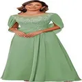 Elegant sage green chiffon evening gown with lace appliques and stylish capelet sleeves - Grass Green