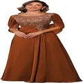 Elegant brown chiffon evening gown with lace applique and stylish shawl sleeves. - Brown