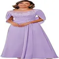 Elegant lavender chiffon evening gown with lace appliques and cape sleeves for weddings. - Light Purple