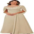 Elegant champagne chiffon evening dress featuring lace applique and stylish cape sleeves - Champagne