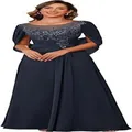 Elegant navy blue chiffon evening gown with lace appliques and stylish cape sleeves for weddings - Navy Blue