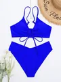 Set bikini due pezzi blu elettrico con top con lacci e slip a vita alta a V - Taglia S / Top E Pantaloni / Blu zaffiro