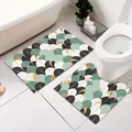 Nordic teal and gold fan-patterned 2-piece bathroom and U-shaped toilet mat set - U-Shaped + Rectangular 2-Piece Set / 50x60+50x80cm / Nordic Style 07