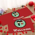 Detaillierte Ansicht roter Hochzeits-Fußmatten mit süßem Comic-Paar und dem Schriftzug Welcome. - Hochzeitsstil 08 (Welcome-Druck)