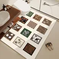 Large absorbent vintage bathroom mat with artistic plant and zebra pattern tile design - Mid-Century Puzzle Style G (Horizontal)
