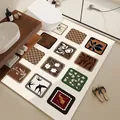 Mid-century modern absorbent bathroom floor mat with vintage artistic square tile patterns - Mid-Century Puzzle Style I (Horizontal)