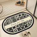 Oval quick-dry absorbent bathroom mat with black and white tile patterns and slogan - Enjoy Your Life Text (FUQS-B) / 40*60cm