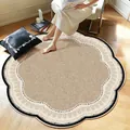 A close-up view of a vintage French-style scalloped rug in a warm living room setting - Diameter 50CM / Retro Cream Floral