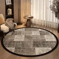 Modern circular looped pile rug with beige plaid pattern in a cozy living room setting. - Diameter 50CM / Linear Grey Black